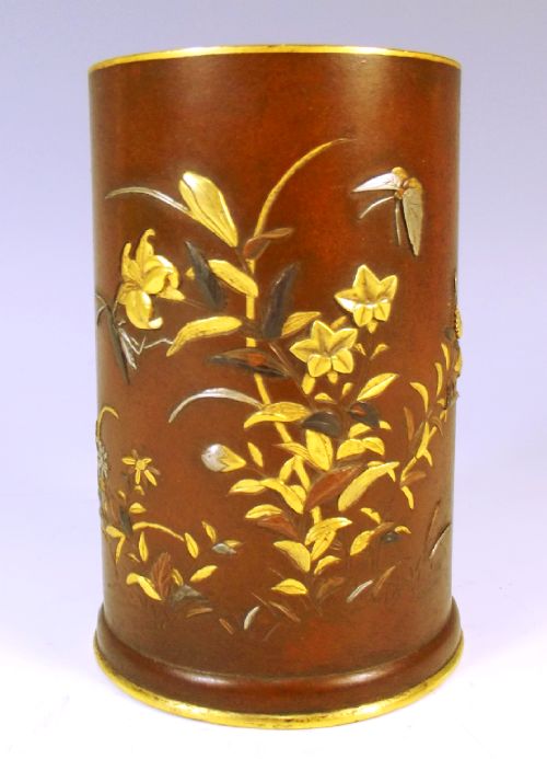 fine japanese meiji period mixed metal brush pot - CATEGORY: ANTIQUE METAL - DATED 1890