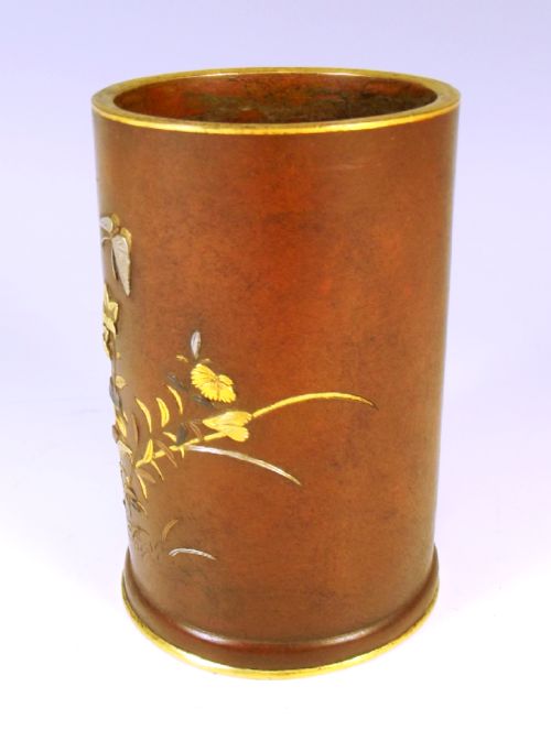 FINE JAPANESE MEIJI PERIOD MIXED METAL BRUSH POT - ADDITIONAL PHOTO 1