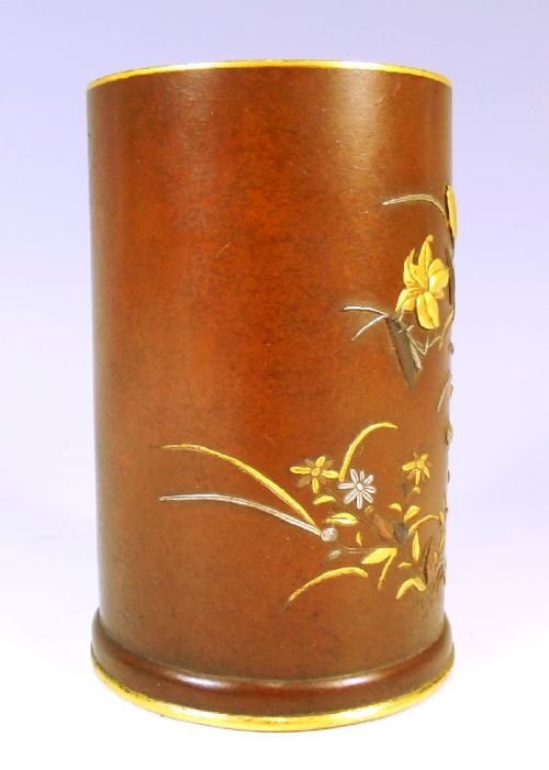 FINE JAPANESE MEIJI PERIOD MIXED METAL BRUSH POT - ADDITIONAL PHOTO 4