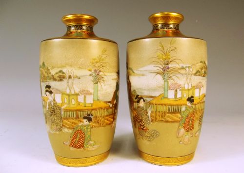 PAIR JAPANESE SATSUMA VASES BY OKAMOTO RYOZAN - ADDITIONAL PHOTO 2