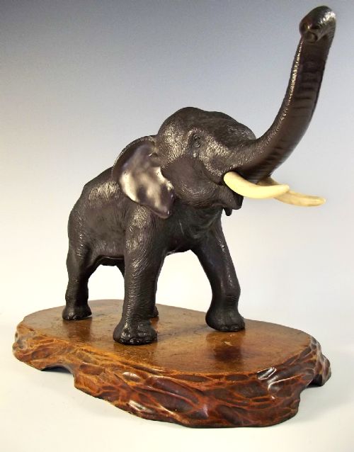 JAPANESE MEIJI PERIOD BRONZE ELEPHANT OKIMONO ON STAND - ADDITIONAL PHOTO 1