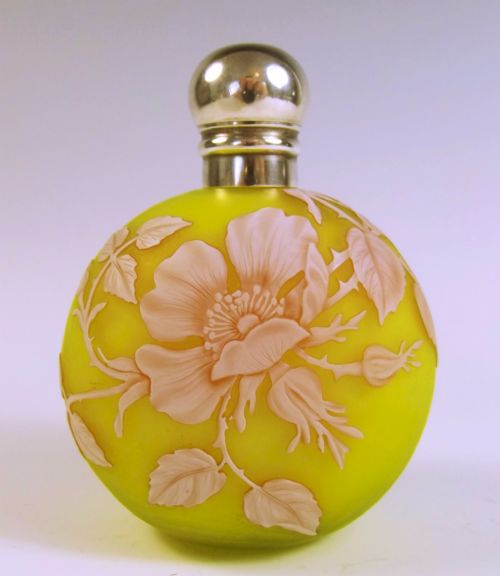 victorian thomas webb 3 colour cameo glass silver topped perfume bottle - CATEGORY: ANTIQUE SILVER - DATED 1890