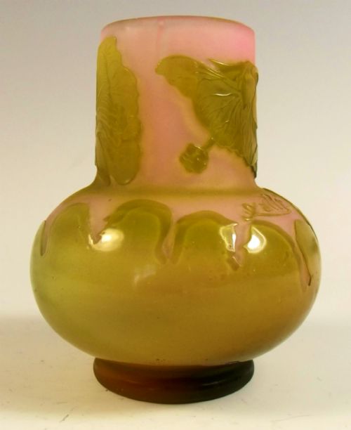 emile galle green on pink cameo glass vase - CATEGORY: ANTIQUE GLASS - DATED 1900