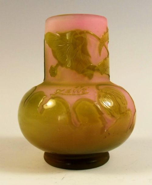 EMILE GALLE GREEN ON PINK CAMEO GLASS VASE - ADDITIONAL PHOTO 1