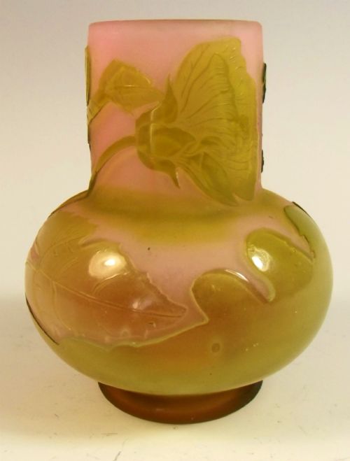 EMILE GALLE GREEN ON PINK CAMEO GLASS VASE - ADDITIONAL PHOTO 2