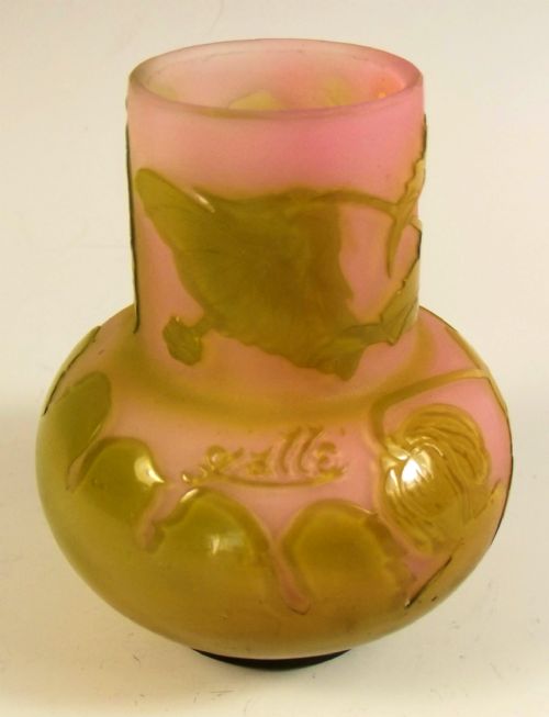 EMILE GALLE GREEN ON PINK CAMEO GLASS VASE - ADDITIONAL PHOTO 3