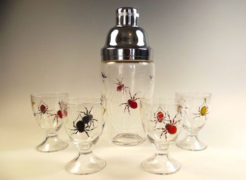 stuart glass etched enamel spider cocktail shaker glasses - CATEGORY: ANTIQUE GLASS - DATED 1920
