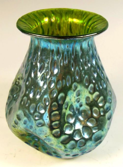 loetz blue on green dispora glass vase - CATEGORY: ANTIQUE GLASS - DATED 1900