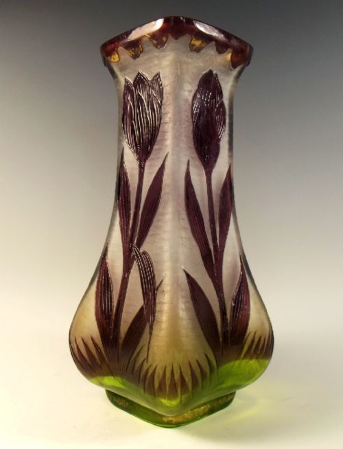 legras green flashed mauve over clear cameo glass vase - CATEGORY: ANTIQUE GLASS - DATED 1900