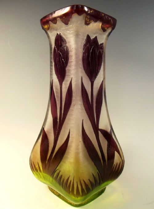 LEGRAS GREEN FLASHED MAUVE OVER CLEAR CAMEO GLASS VASE - ADDITIONAL PHOTO 1
