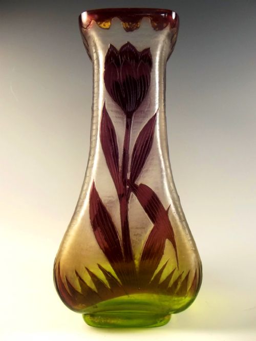 LEGRAS GREEN FLASHED MAUVE OVER CLEAR CAMEO GLASS VASE - ADDITIONAL PHOTO 3