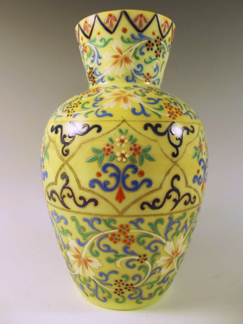 19th c yellow cased harrach glass vase hand painted enamel decoration - CATEGORY: ANTIQUE GLASS - DATED 1890