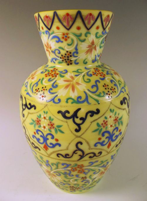 19TH C YELLOW CASED HARRACH GLASS VASE HAND PAINTED ENAMEL DECORATION - ADDITIONAL PHOTO 1