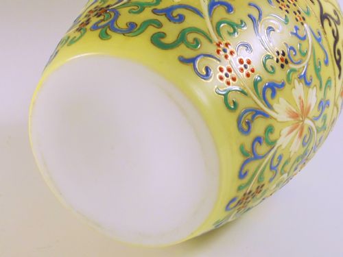 19TH C YELLOW CASED HARRACH GLASS VASE HAND PAINTED ENAMEL DECORATION - ADDITIONAL PHOTO 3