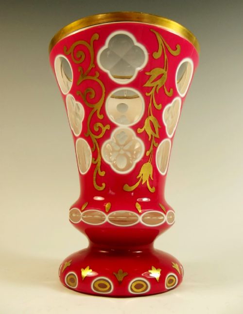 19TH C BOHEMIAN TRIPLE CASED CUTTOCLEAR PINK GLASS GOBLET VASE - ADDITIONAL PHOTO 1