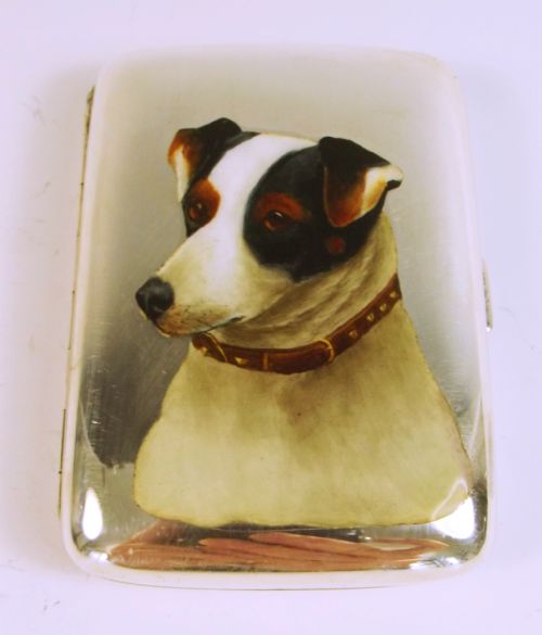 1891 english hallmarked silver enamel jack russell cigarette case - CATEGORY: ANTIQUE SILVER - DATED 1890