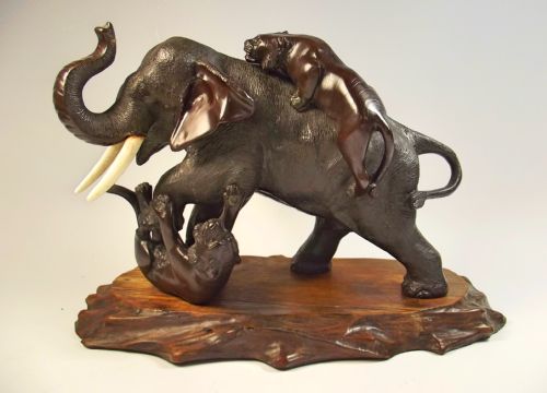 japanese meiji period bronze elephant and tiger okimono - CATEGORY: ANTIQUE METAL - DATED 1900