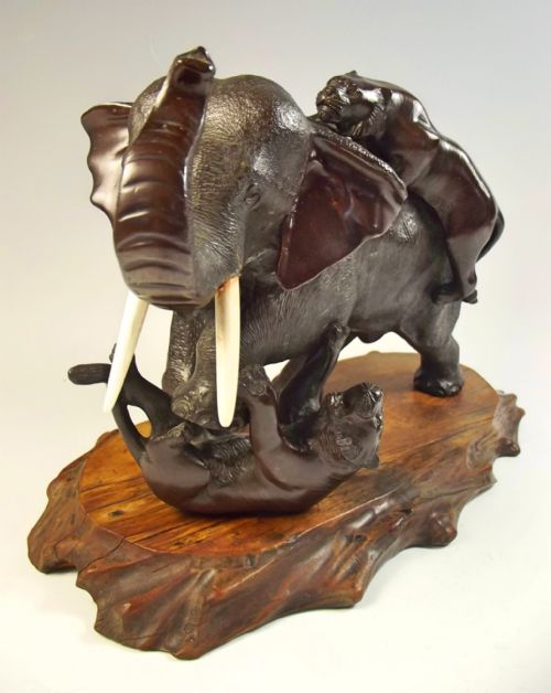 JAPANESE MEIJI PERIOD BRONZE ELEPHANT AND TIGER OKIMONO - ADDITIONAL PHOTO 5