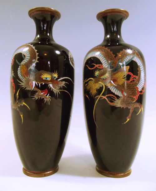 pair of japanese meiji period cloisonne enamel dragon vases - CATEGORY: ANTIQUE VASES - DATED 1890