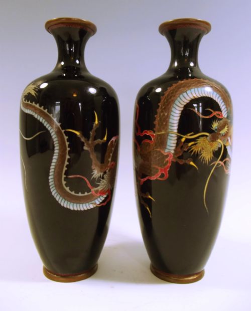 PAIR OF JAPANESE MEIJI PERIOD CLOISONNE ENAMEL DRAGON VASES - ADDITIONAL PHOTO 2