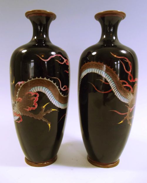 PAIR OF JAPANESE MEIJI PERIOD CLOISONNE ENAMEL DRAGON VASES - ADDITIONAL PHOTO 3