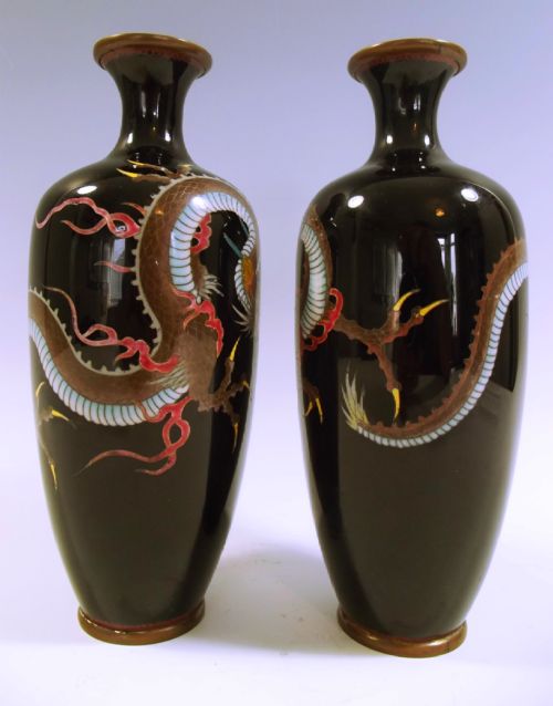 PAIR OF JAPANESE MEIJI PERIOD CLOISONNE ENAMEL DRAGON VASES - ADDITIONAL PHOTO 4