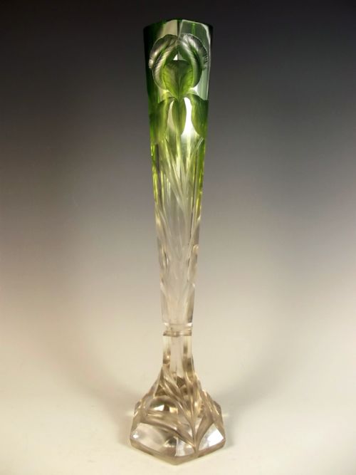 large moser green tint to clear intaglio cut glass iris vase - CATEGORY: ANTIQUE GLASS - DATED 1900