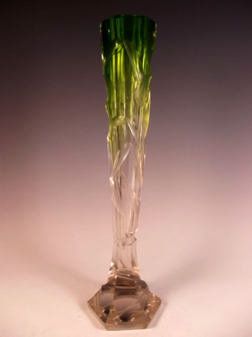 LARGE MOSER GREEN TINT TO CLEAR INTAGLIO CUT GLASS IRIS VASE - ADDITIONAL PHOTO 1