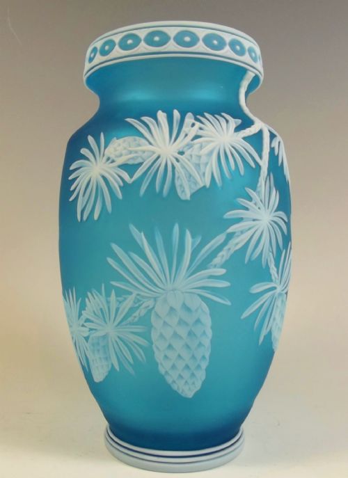 thomas webb white on blue cameo glass pine cone vase - CATEGORY: ANTIQUE GLASS - DATED 1890