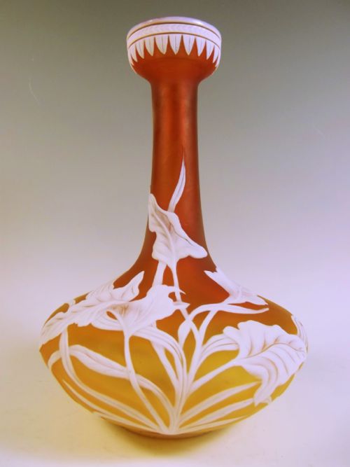 thomas webb white on ochre cameo glass peace lily vase - CATEGORY: ANTIQUE GLASS - DATED 1890