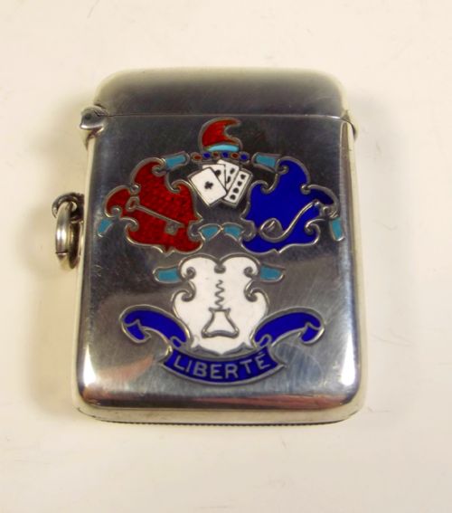 1908 hallmarked silver and enamel four vices vesta case - CATEGORY: ANTIQUE SILVER - DATED 1900