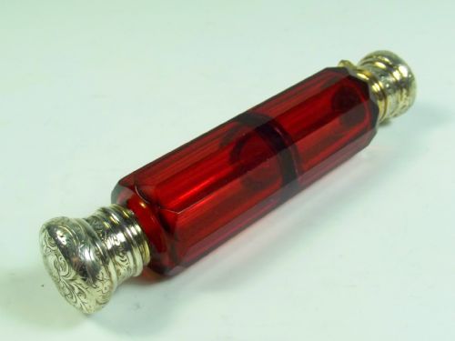 19th c cranberry glass gilt silver double ended scent bottle - CATEGORY: ANTIQUE GLASS - DATED 1880
