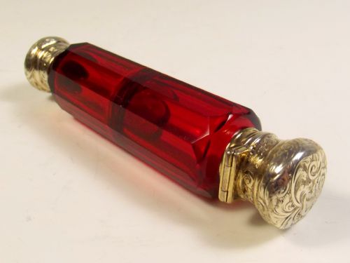 19TH C CRANBERRY GLASS GILT SILVER DOUBLE ENDED SCENT BOTTLE - ADDITIONAL PHOTO 1