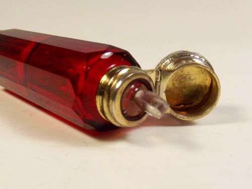 19TH C CRANBERRY GLASS GILT SILVER DOUBLE ENDED SCENT BOTTLE - ADDITIONAL PHOTO 3