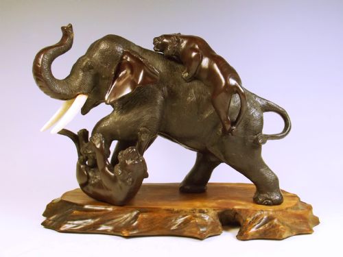 japanese meiji period bronze elephant and tiger group on stand - CATEGORY: ANTIQUE METAL - DATED 1890