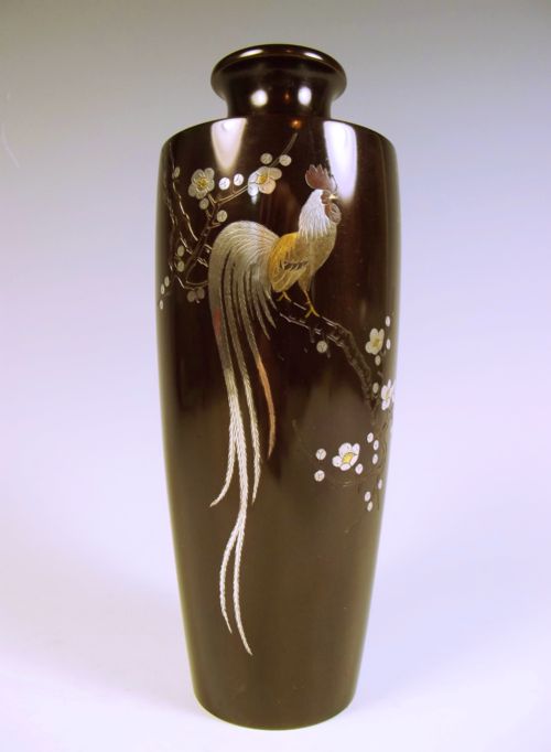 japanese bronze cockerel vase silver and gold inlay meiji period - CATEGORY: ANTIQUE METAL - DATED 1900