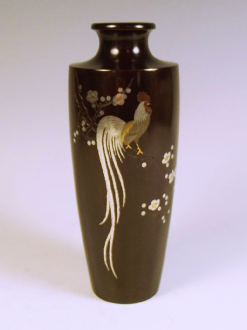 JAPANESE BRONZE COCKEREL VASE SILVER AND GOLD INLAY MEIJI PERIOD - ADDITIONAL PHOTO 1