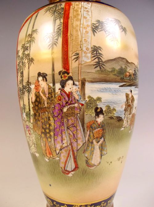 LARGE PAIR JAPANESE MEIJI PERIOD SATSUMA VASES BY HOZAN - ADDITIONAL PHOTO 6