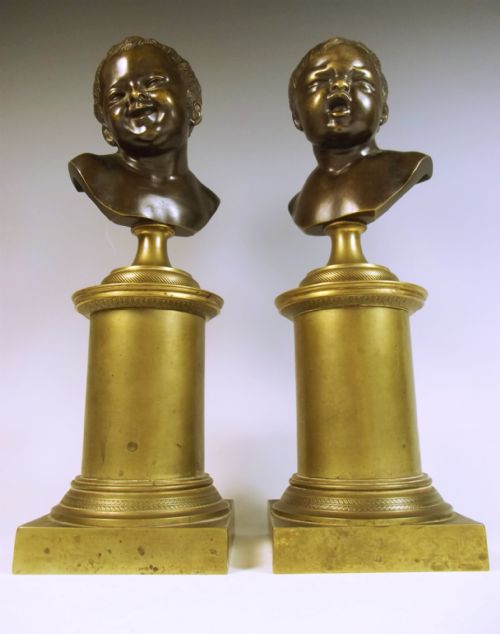 PAIR FRENCH ORMOLU BRONZE PUTTI BUSTS COMEDY AND TRAGEDY - ADDITIONAL PHOTO 1