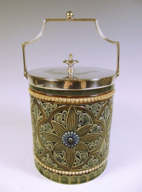 doulton lambeth stoneware biscuit barrel 1883 - CATEGORY: ANTIQUE CERAMICS - DATED 1880