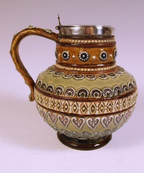 doulton lambeth stoneware silver mounted jug 1880 - CATEGORY: ANTIQUE JUGS - DATED 1880