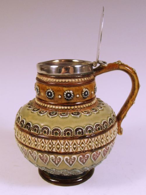 DOULTON LAMBETH STONEWARE SILVER MOUNTED JUG 1880 - ADDITIONAL PHOTO 4