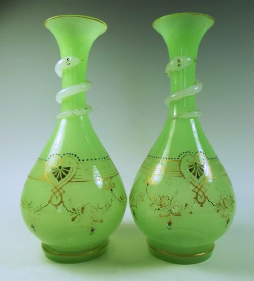 pair of baccarat green opal glass snake vases - CATEGORY: ANTIQUE GLASS - DATED 1890