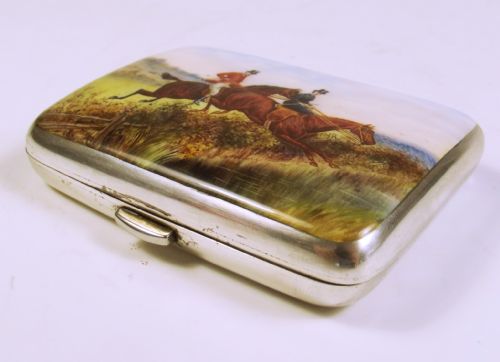 1890 hallmarked silver enamel hunting cigarette case - CATEGORY: ANTIQUE SILVER - DATED 1890