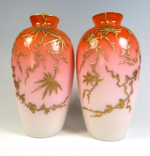 pair of orange peachblow gilded uranium glass vases - CATEGORY: ANTIQUE VASES - DATED 1890