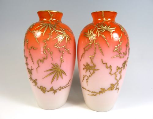 PAIR OF ORANGE PEACHBLOW GILDED URANIUM GLASS VASES - ADDITIONAL PHOTO 1