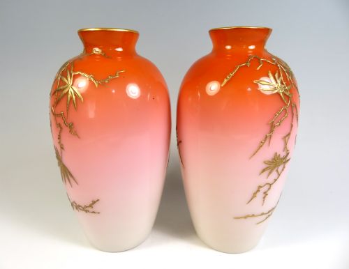 PAIR OF ORANGE PEACHBLOW GILDED URANIUM GLASS VASES - ADDITIONAL PHOTO 3