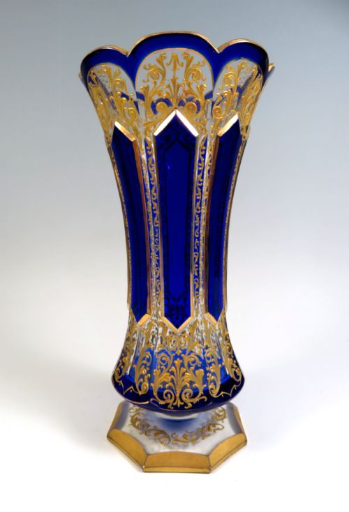 bohemian blue flashed cut glass vase - CATEGORY: ANTIQUE VASES - DATED 1870
