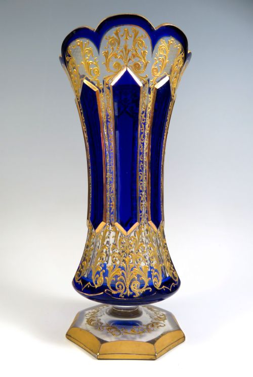 BOHEMIAN BLUE FLASHED CUT GLASS VASE - ADDITIONAL PHOTO 1
