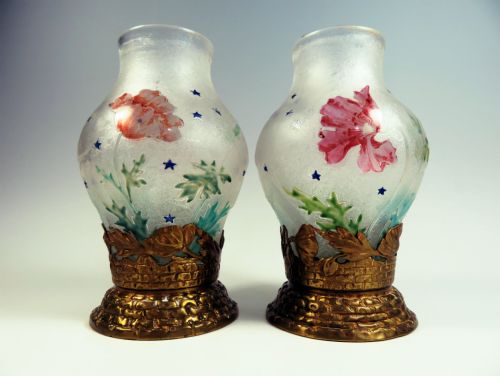 french cameo glass metal mounted vases - CATEGORY: ANTIQUE GLASS - DATED 1900